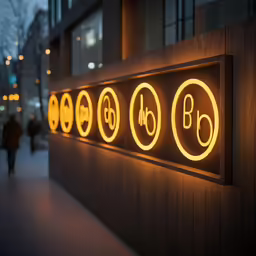 the illuminated sign for a building on a city street