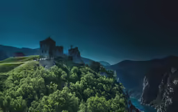 an island with a river and a castle on top
