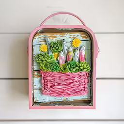 a picture hanging on a wall with various items,a pink metal shelf with a basket holding plants
