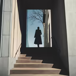 the entrance to a museum is shown with a man in a coat on the steps