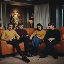 a group of four people sitting on top of a orange couch