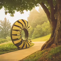 a large tire sculpture sits in a park