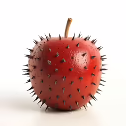 an apple with spikes on it sitting next to another fruit