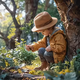 a young child wearing a brown jacket and hat sitting against a tree
