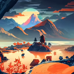a digital painting of mountains and water