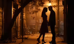 man and woman walking away into a dimly lit room