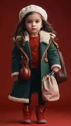 a small child is standing in front of a red background