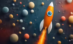 a rocket with an eye on it is flying towards the camera