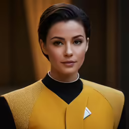 a close - up of a woman wearing a yellow star trek uniform