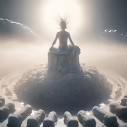 the woman sits in an ice like surface, surrounded by white balls
