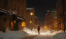 a man is walking down the street in a snow storm