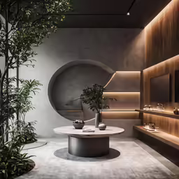 a round table that is near a wall