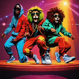 a group of people with sunglasses and lions on their faces,three black men, one in colorful lion costumes, are doing the same dance on stage