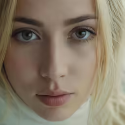 a close up shot of a woman with blue eyes