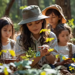 a woman showing plants from a group of children