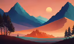 the sun is setting over a mountain, and the illustration is done by someone,a stylized painting of two mountains near one another
