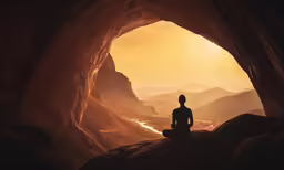 person sitting on rock in cave staring at mountain scenery