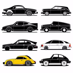 old cars are shown with different colors,various vintage cars and other modern automobiles,six vintage cars that are yellow and black,an illustration of classic cars from the late 20th century,a picture of cars on white background with four different styles
