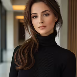 a close up of a woman posing in front of an elegant wall