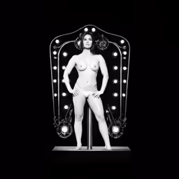 an erotic mannequin stands in front of a mirror with lamps on it