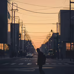 a person is crossing a street at dusk