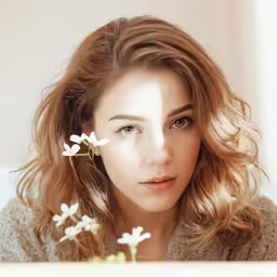 woman with long hair wearing flower earrings