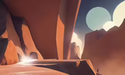 a futuristic desert with a car driving through the desert