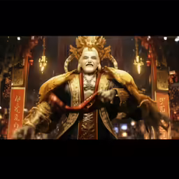 an evil male in a full gold armor