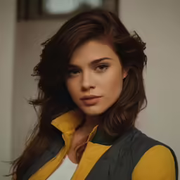 a woman standing next to a door wearing a jacket