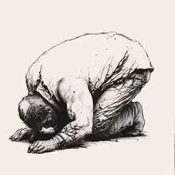 a man kneeling and covering his face with a hand