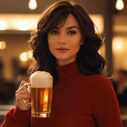 a woman holding a beer mug with her hands