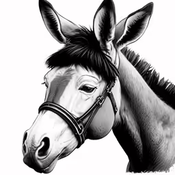 a horse head with black mane and black and white background