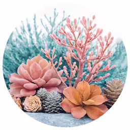 a circle is full of succulent flowers and plants