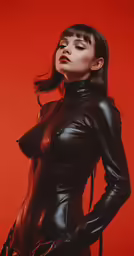 a woman wearing all black is posing for a picture