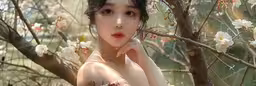 a beautiful asian woman with black hair sitting in a tree,a young woman poses next to a flowering tree