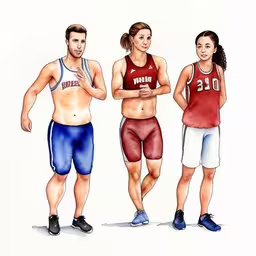 three people that are standing in front of each other,a man and woman who are competing for the same race,three women and one man in swim trunks, standing next to each other,some people are standing in a line to perform a performance,three women standing and looking at their cell phones