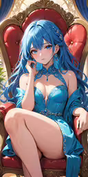 an anime girl in a sexy dress sitting on a chair