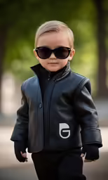 a small boy with sunglasses wearing black leather