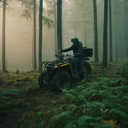a person on a four wheeler atv in the woods