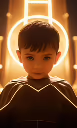 a small boy in a star trek uniform in front of an abstract space portal with neon lights behind him