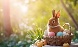 a bunny is sitting behind a basket filled with painted eggs