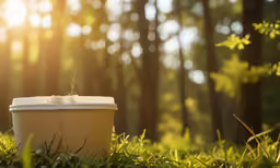 a trash can sits on the grass in a forest