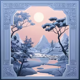 a painting on a blue surface shows mountains and a river