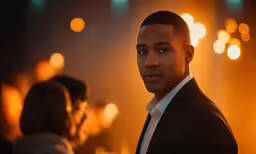 man in suit posing for photograph with lights behind him