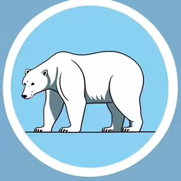 there is a polar bear in a circle,an image of a polar bear standing in the snow,polar bear standing in a circle with blue background,a picture of a bear standing on one side,a polar bear walks across a snowy field