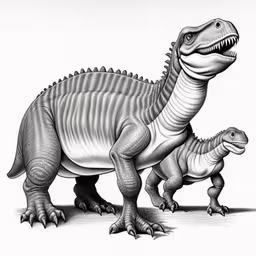 a drawing of an adult and baby dinosaur,a black and white drawing of two different dinosaurs,a picture of an adult dinosaur with its offspring,the dinosaurs are walking together next to each other,a very big dinosaur with some kids walking by