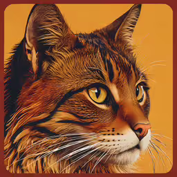 a painting of a brown cat with yellow eyes,a colorfully colored painting of a cat
