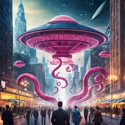an alien city with pink octopus tentacles, towering over a city street