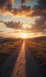 a lone man is walking down a road toward the sunset
