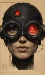 a girl in space goggles with red eyes